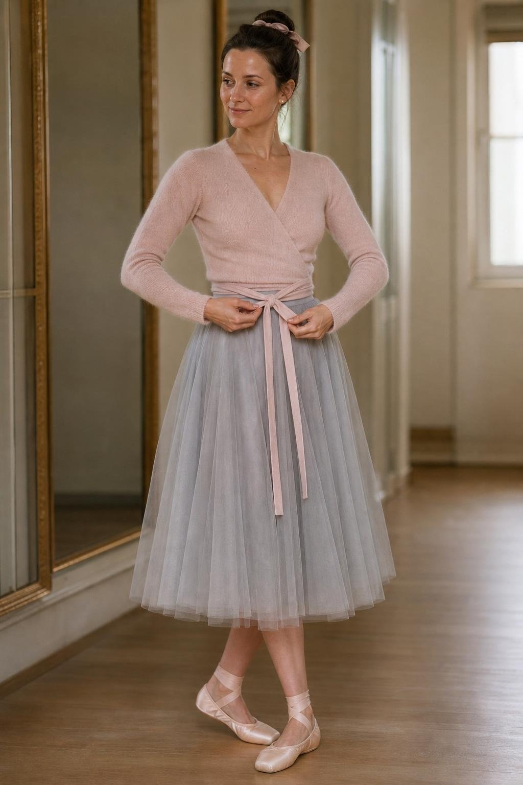 Pale pink ballet wrap sweater, soft gray tulle midi skirt, ballet flats, ribbon bun, quiet studio hallway (option 2)