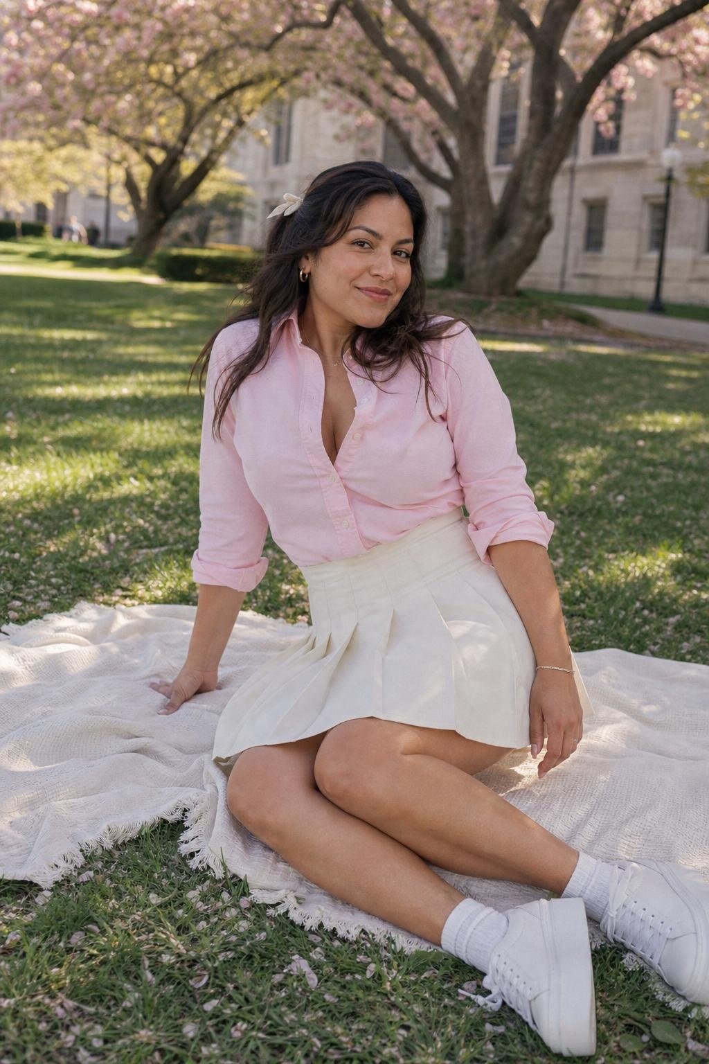 Pale pink Oxford shirt, cream tennis skirt, white ankle socks, platform sneakers, campus lawn mood (option 2)