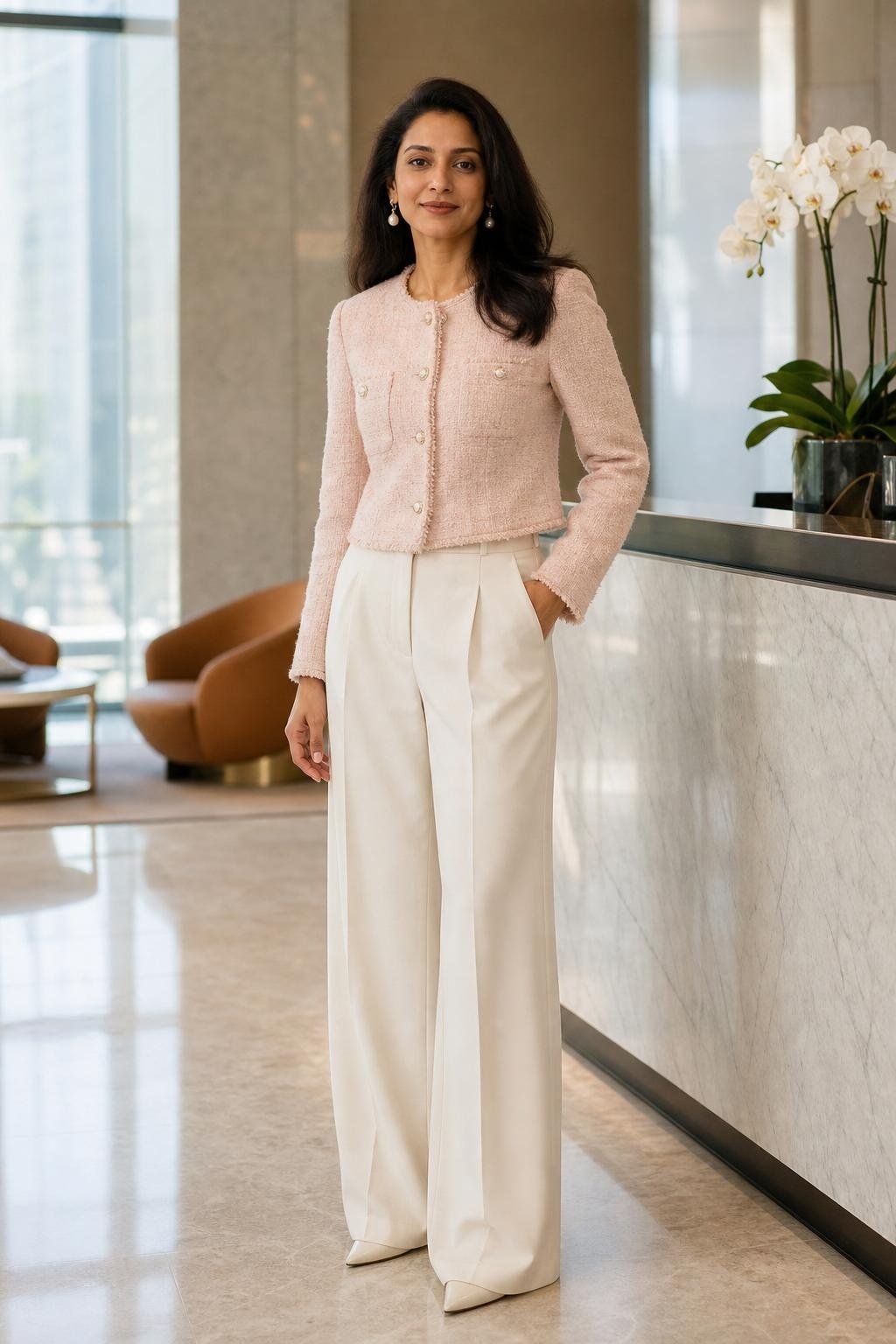 Pale pink tweed jacket, ivory wide-leg trousers, pointed flats, pearl drop earrings, polished office lobby (option 1)
