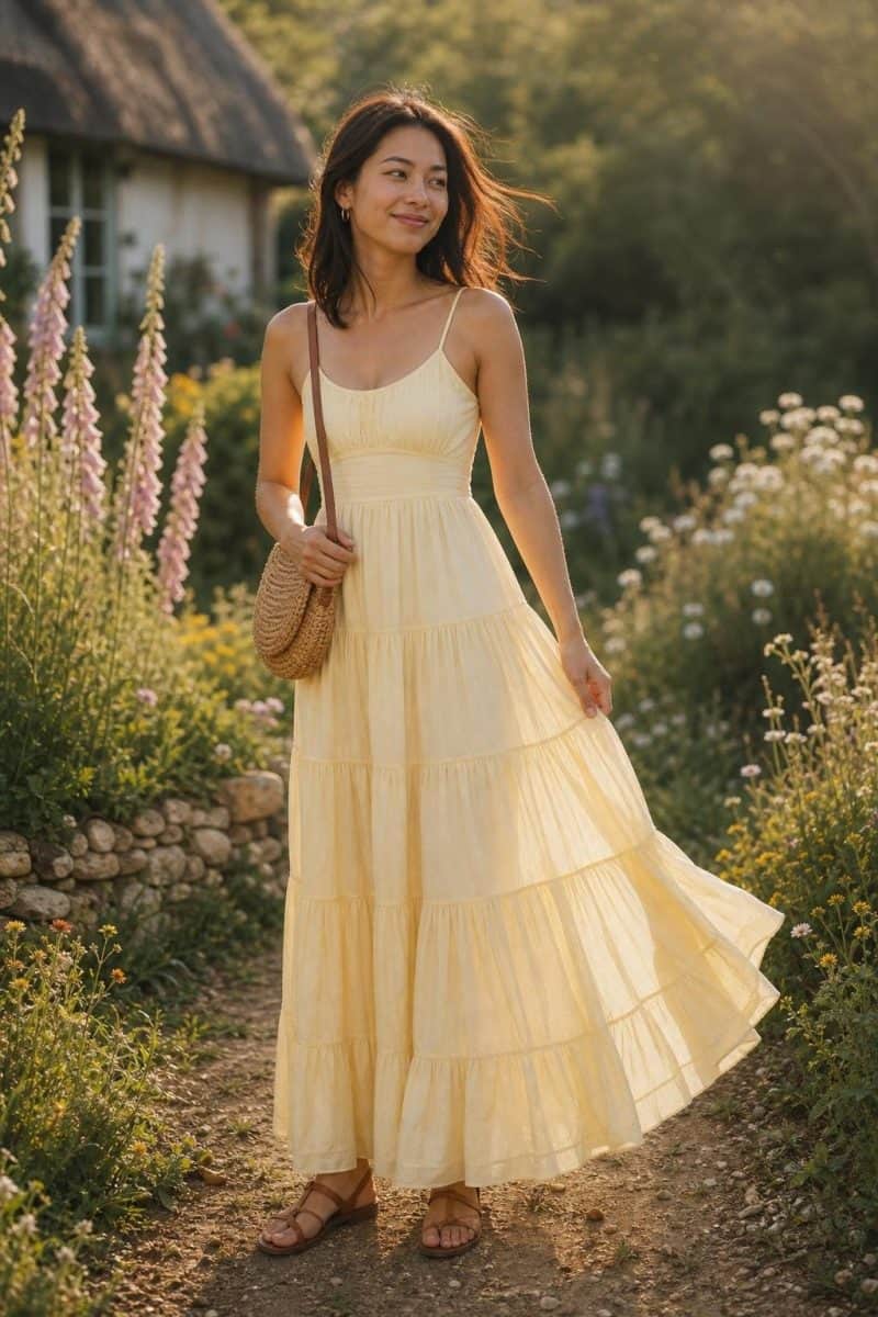 Pale yellow tiered cotton maxi dress with slim sandals in a wildflower field, soft breezy summer ease (option 1)