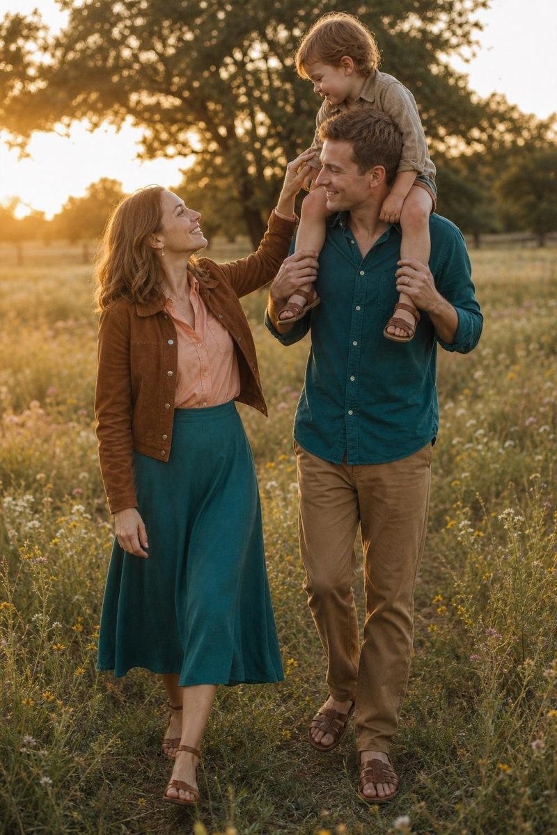 Peach blouse, teal skirt, warm brown jacket, leather sandals, open meadow at sunset (option 1)