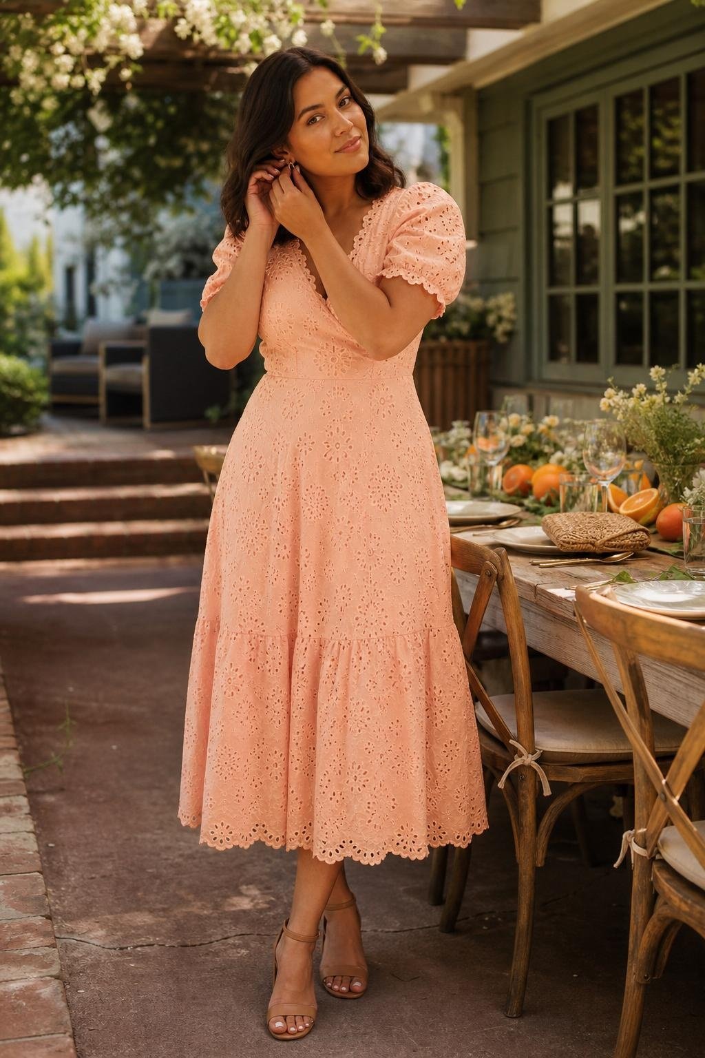 Peach eyelet midi dress with tan block heels at a sweet summer brunch wedding (option 1)