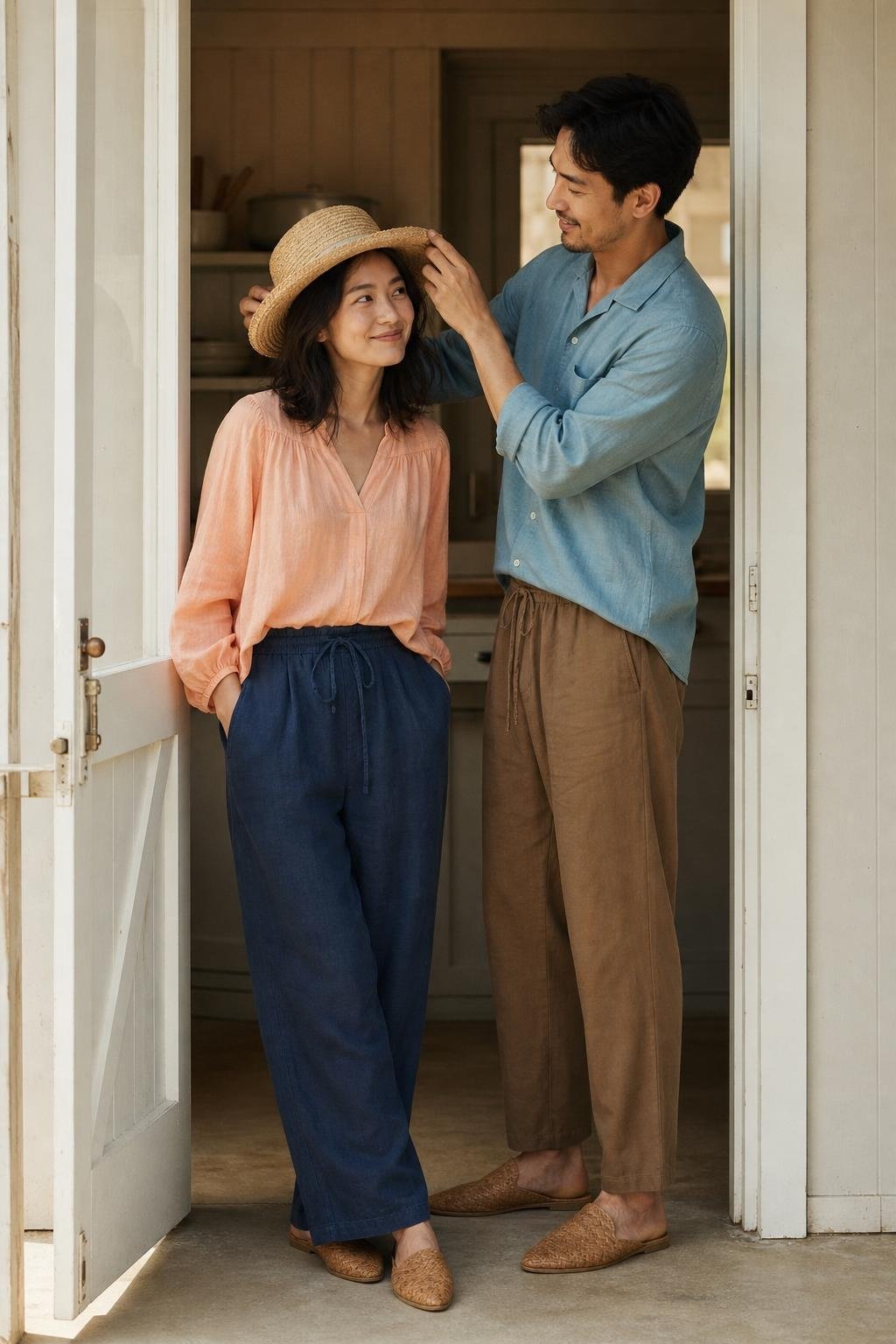 Peach gauze blouse, indigo linen pants, oat straw hat, woven mules, soft beach cottage photos (option 1)