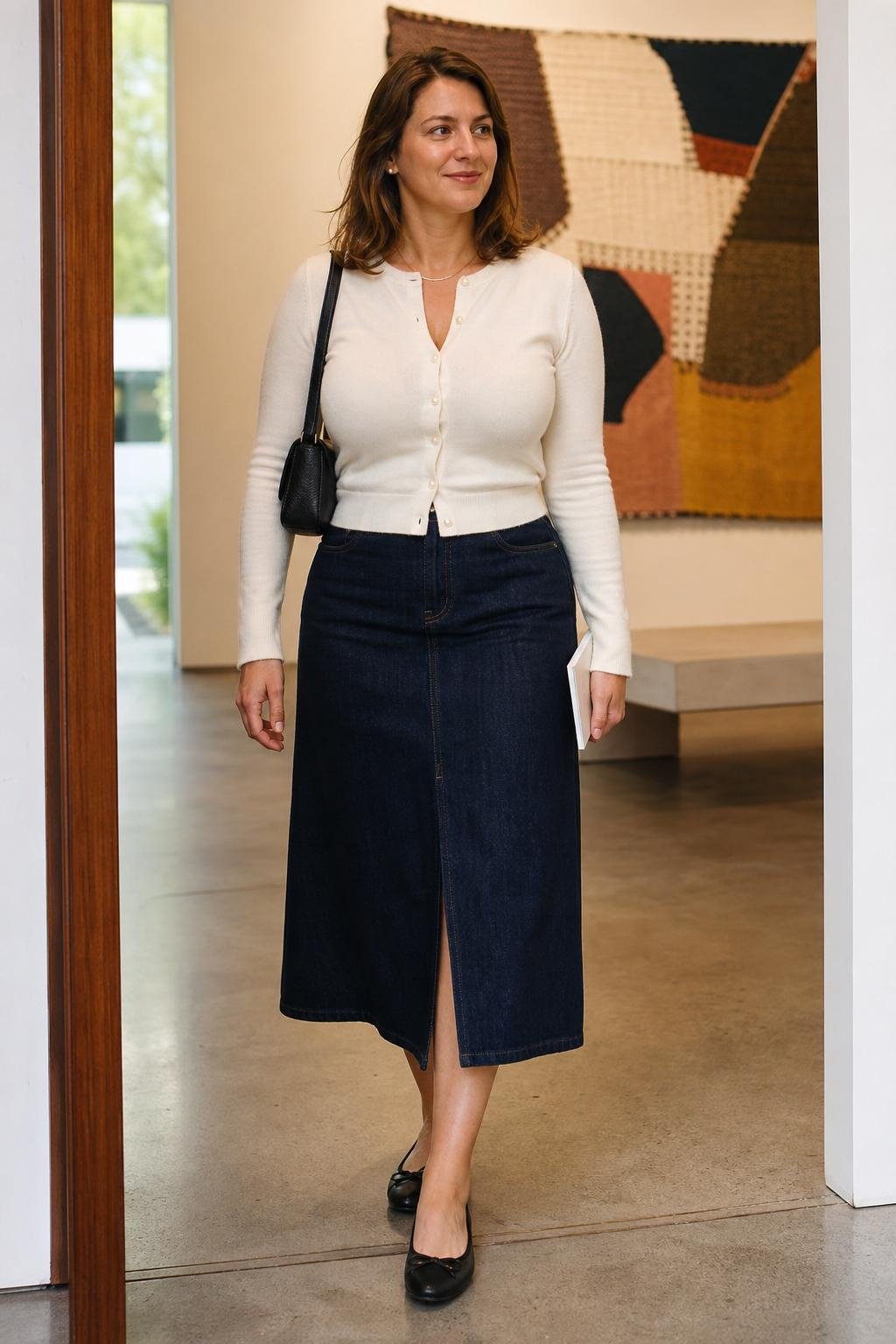 pearl-button cardigan, dark denim midi skirt, black ballet flats, weekend gallery stroll (option 2)