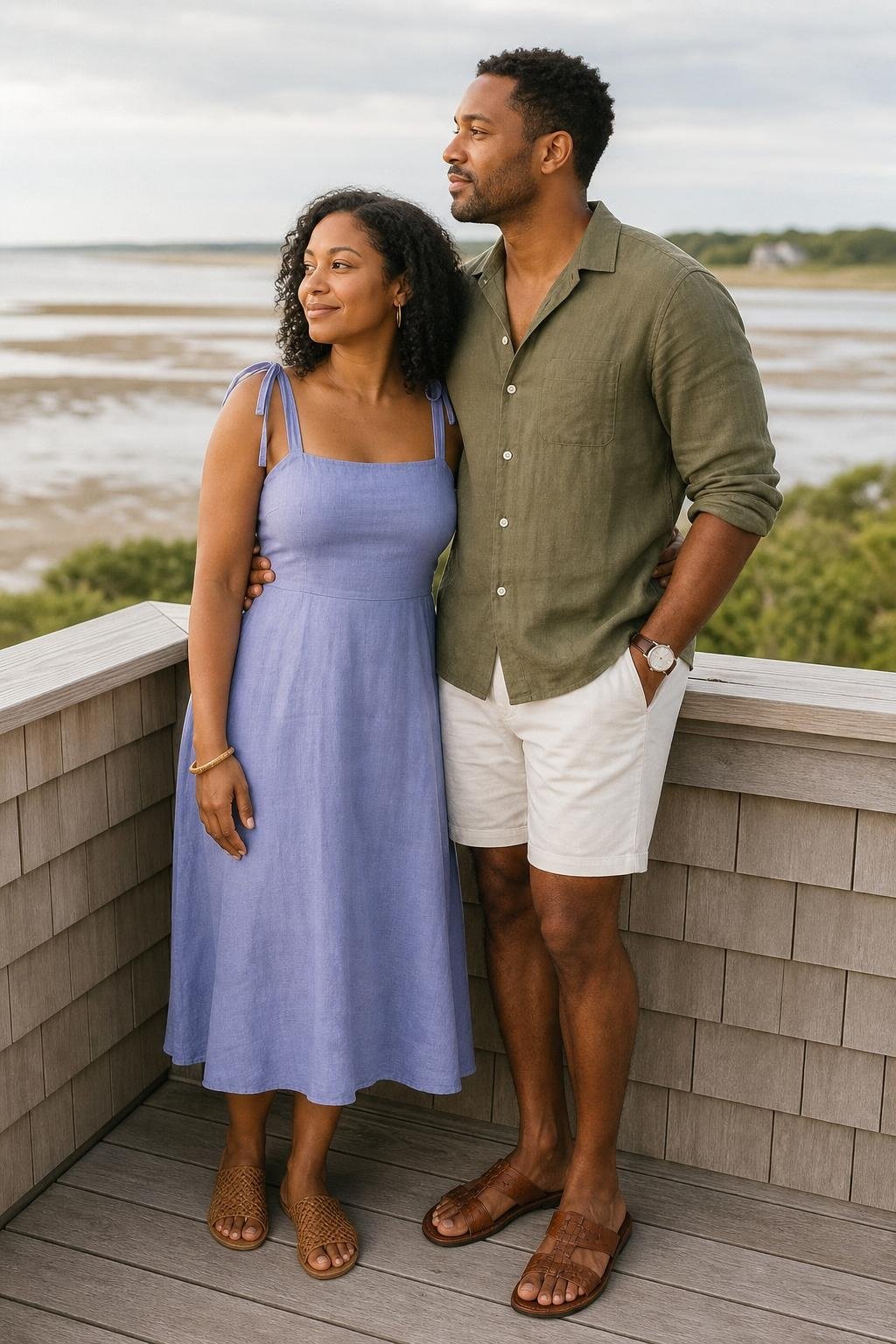Periwinkle midi dress, olive linen shirt, soft white shorts, woven sandals, airy low-tide family portraits (option 2)