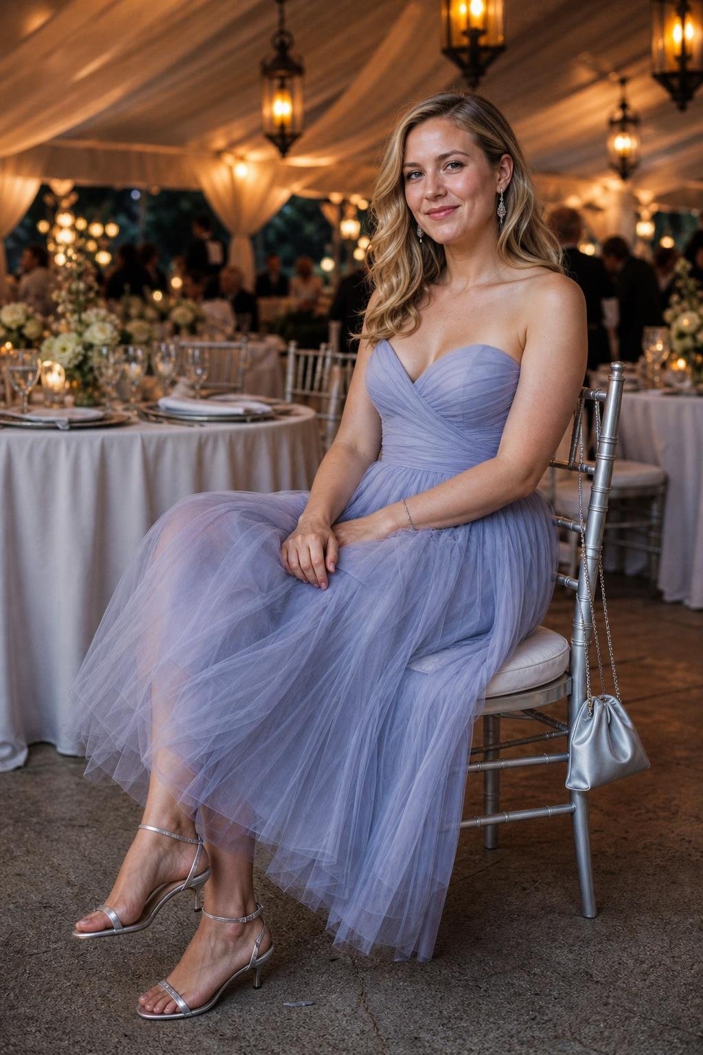 Periwinkle tulle midi dress with silver kitten heels at a romantic evening tented wedding (option 1)