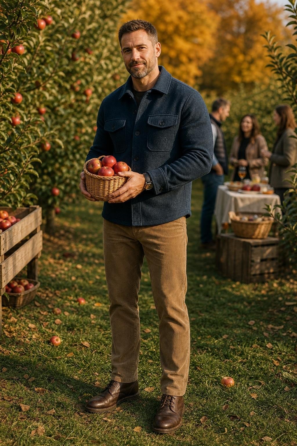 Petrol blue wool shacket, tan corduroy pants, dark brown boots, crisp fall orchard family portrait (option 2)