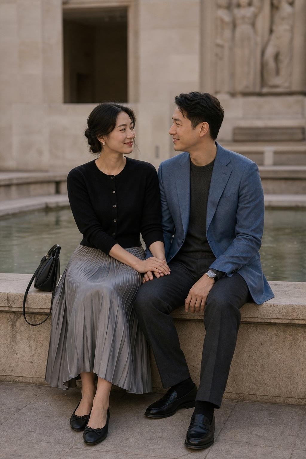 Pewter pleated midi skirt with fine black cardigan and ballet flats in a museum courtyard (option 1)