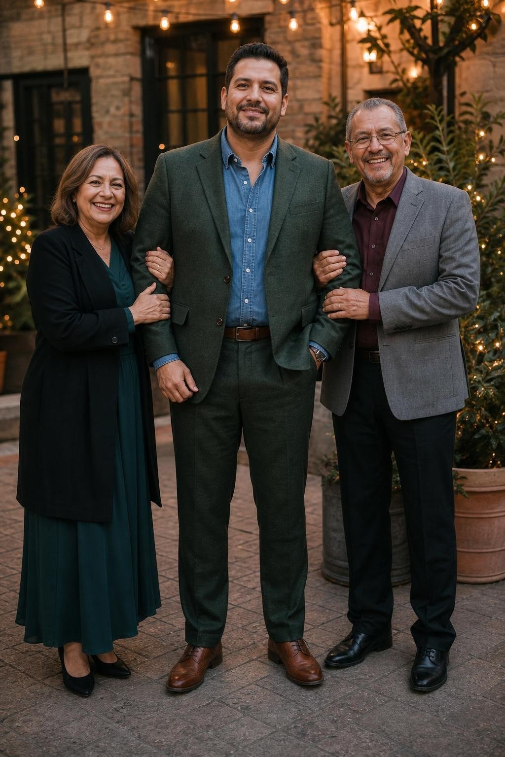 Pine green blazer, matching trousers, denim shirt, brown brogues, festive outdoor family portrait (option 2)