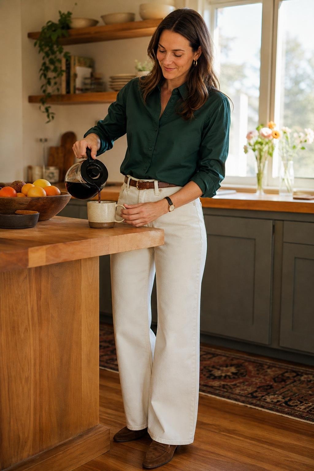 Pine green button-up shirt, cream wide-leg jeans, brown belt, suede loafers, bright kitchen brunch (option 2)