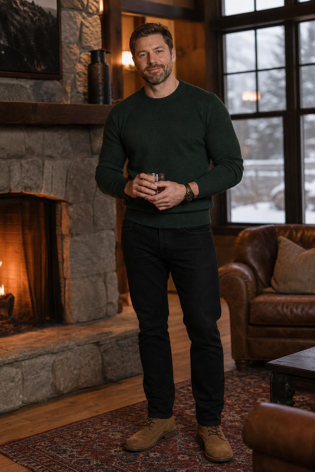 Pine green sweater, black denim jeans, tan suede boots, casual winter drinks near a fireplace (option 2)