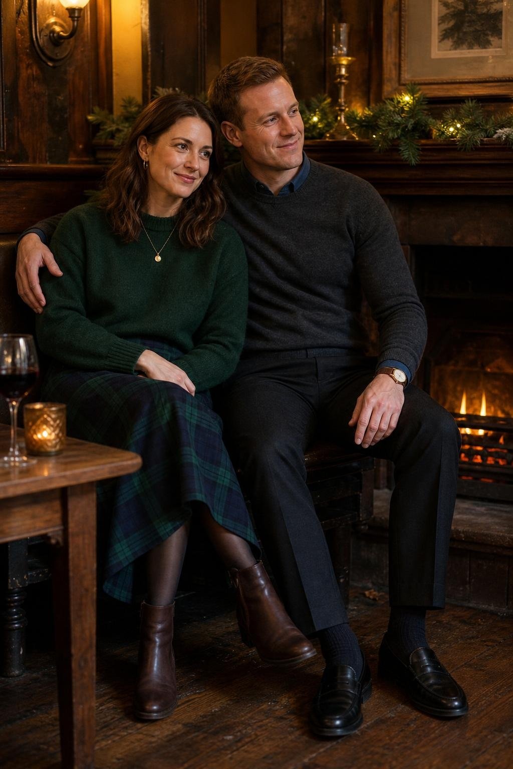 pine green sweater with black watch plaid skirt and dark trousers at a holiday pub dinner (option 2)
