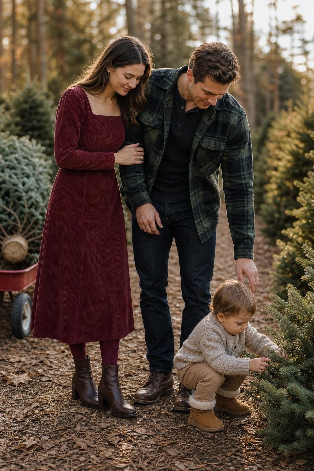 Pine plaid overshirt, cranberry corduroy dress, tan shearling boots, dark jeans in a tree farm scene (option 2)