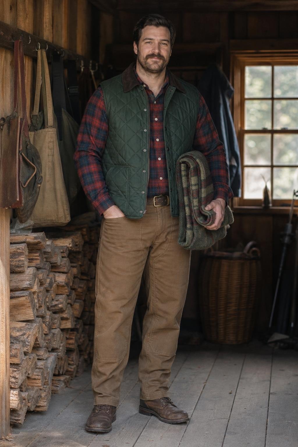 Pine quilted vest, red and navy plaid shirt, brown duck canvas pants, rugged outdoor weekend cabin scene (option 2)