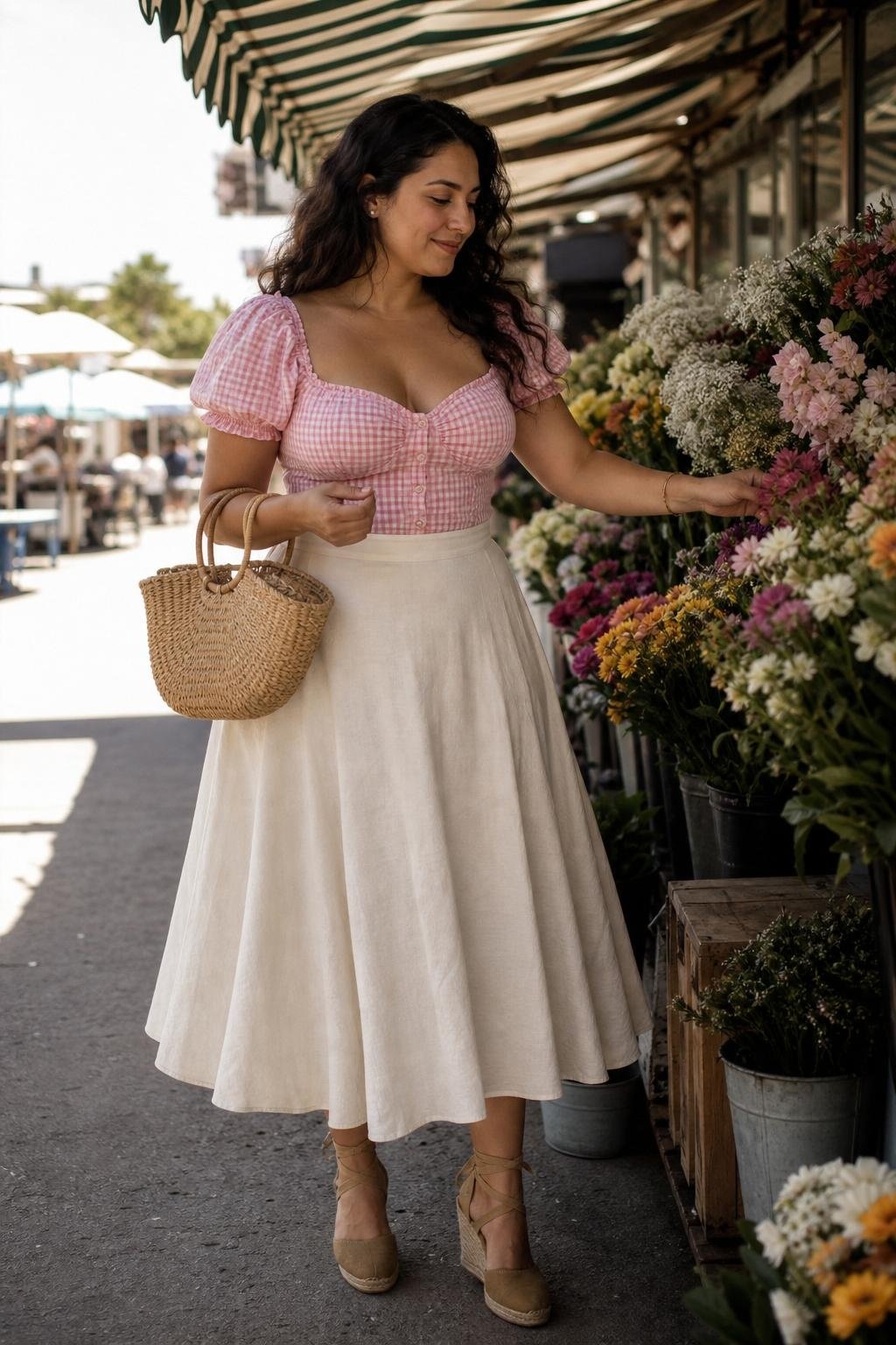 Pink gingham puff-sleeve top, cream A-line midi skirt, espadrilles, straw bag, sunny farmers market (option 1)