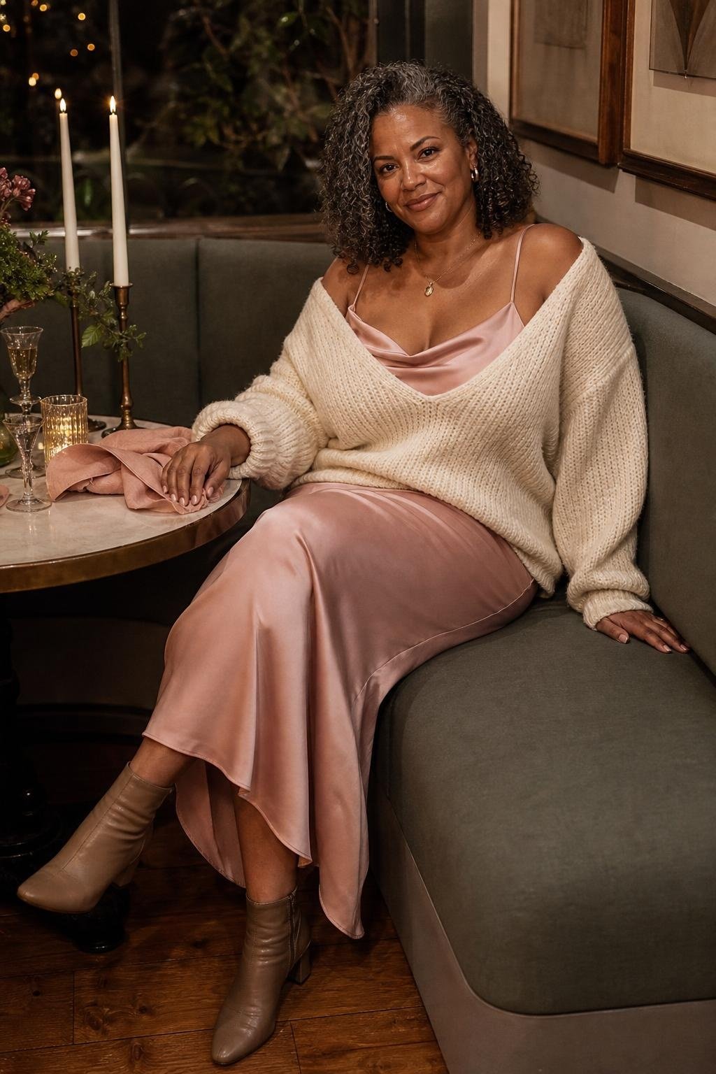 Pink satin slip dress, oversized cream knit sweater, ankle boots, candlelit dinner corner (option 1)