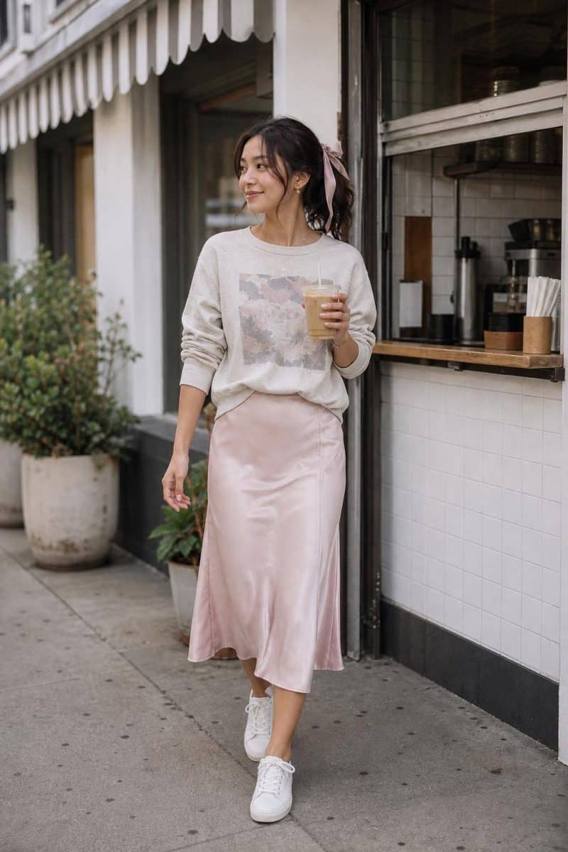 Pink satin slip skirt, vintage-style graphic sweatshirt, white sneakers, messy ribbon ponytail, casual coffee run (option 1)