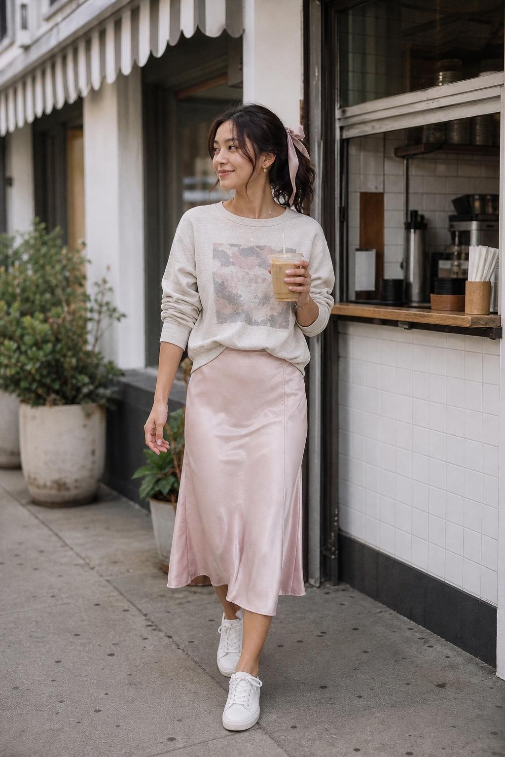 Pink satin slip skirt, vintage-style graphic sweatshirt, white sneakers, messy ribbon ponytail, casual coffee run (option 1)