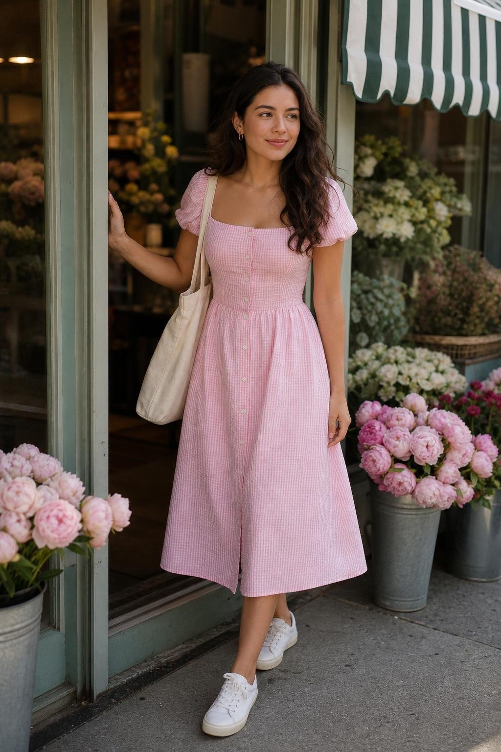 Pink seersucker dress with white sneakers and canvas tote outside a flower shop, crisp walkable summer sweetness (option 1)
