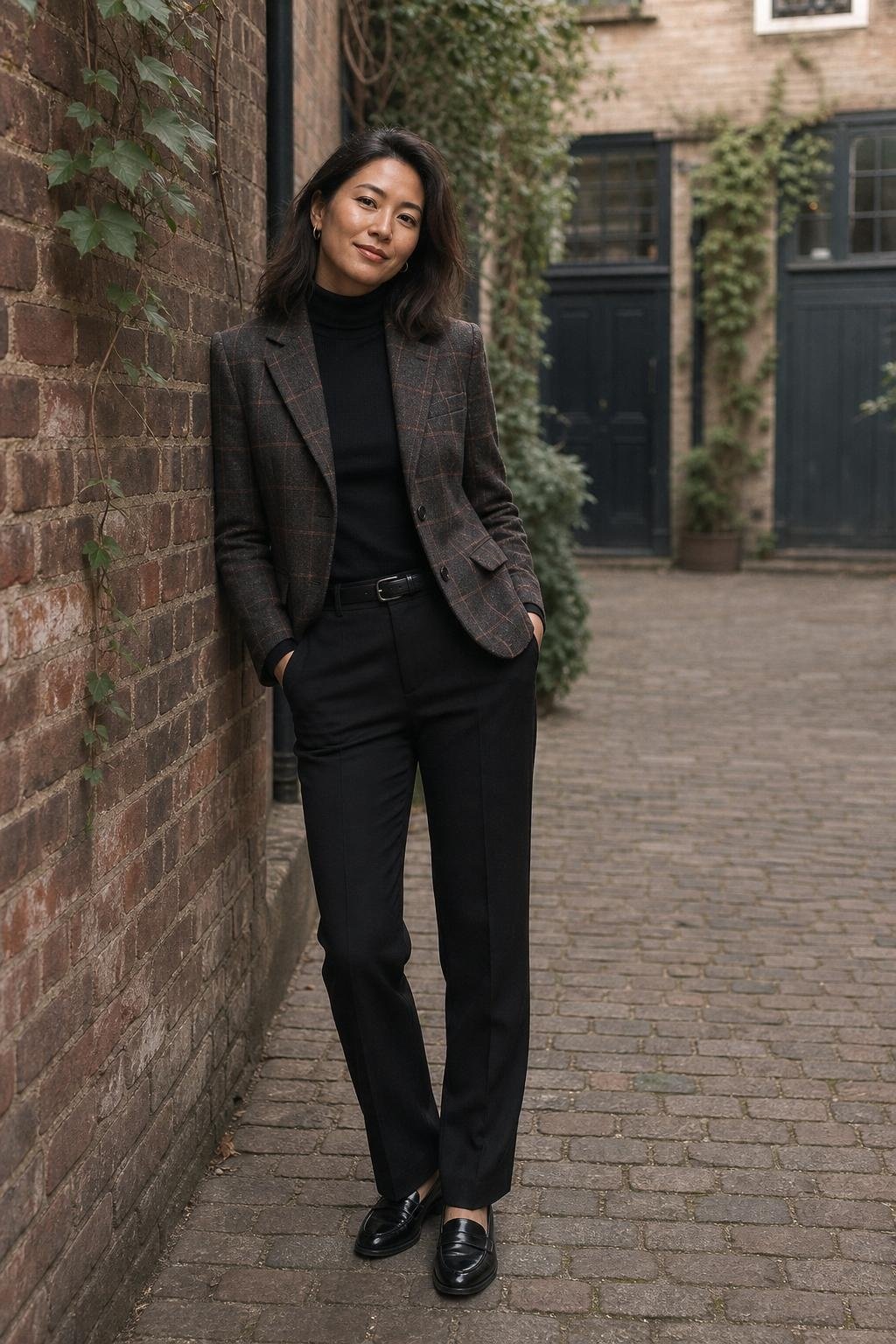 Plaid blazer over black turtleneck and black trousers, loafers, narrow street beside brick buildings (option 2)