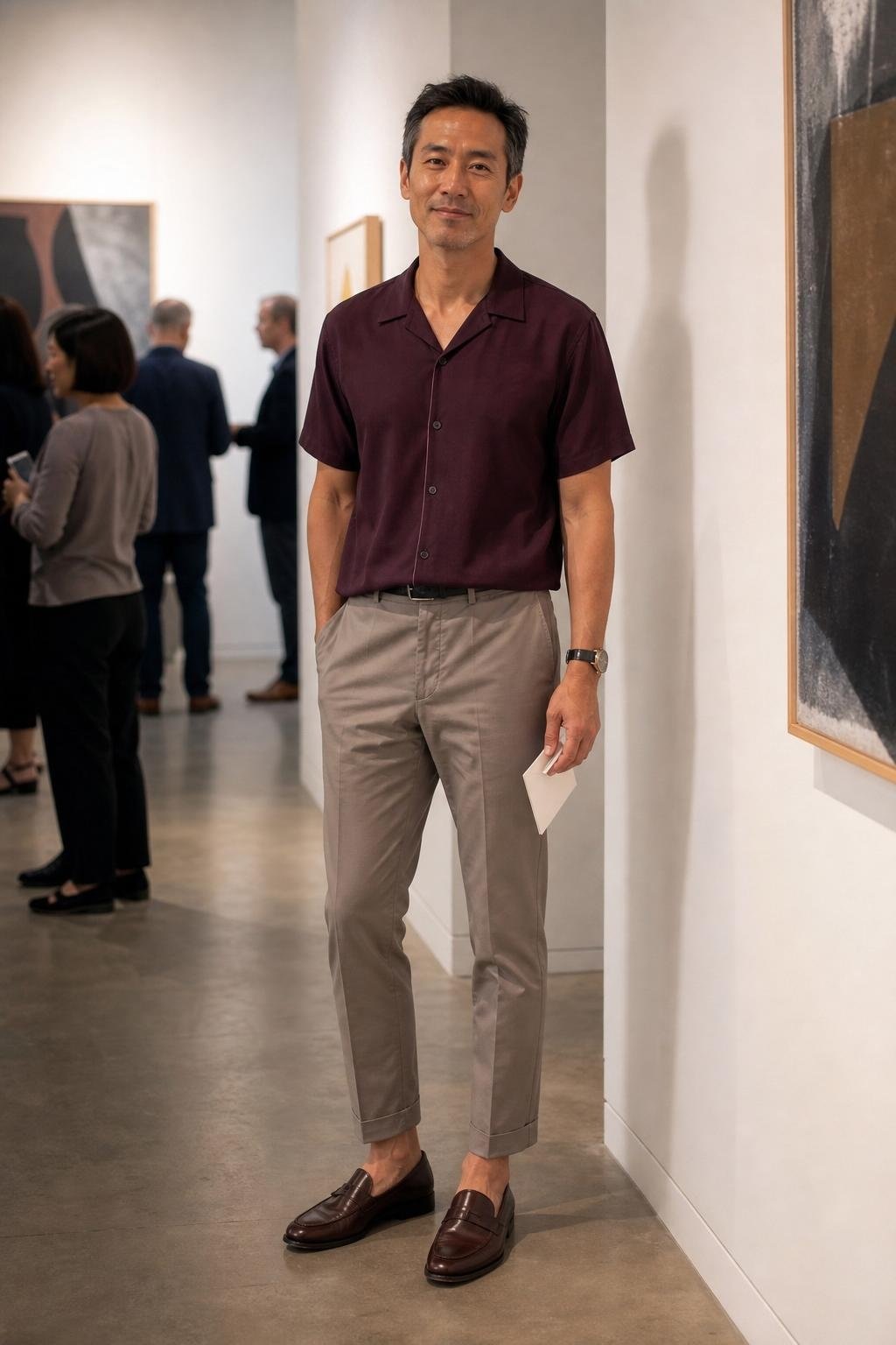 Plum bowling shirt, taupe cropped chinos, dark brown loafers, small gallery opening (option 1)