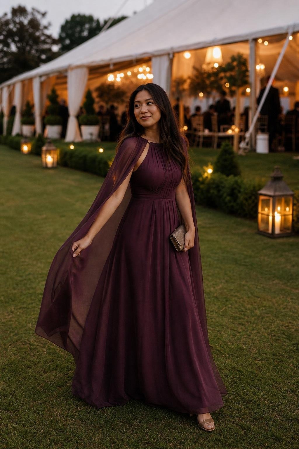 Plum chiffon cape gown, metallic pewter heels, delicate clutch, formal garden tent (option 1)