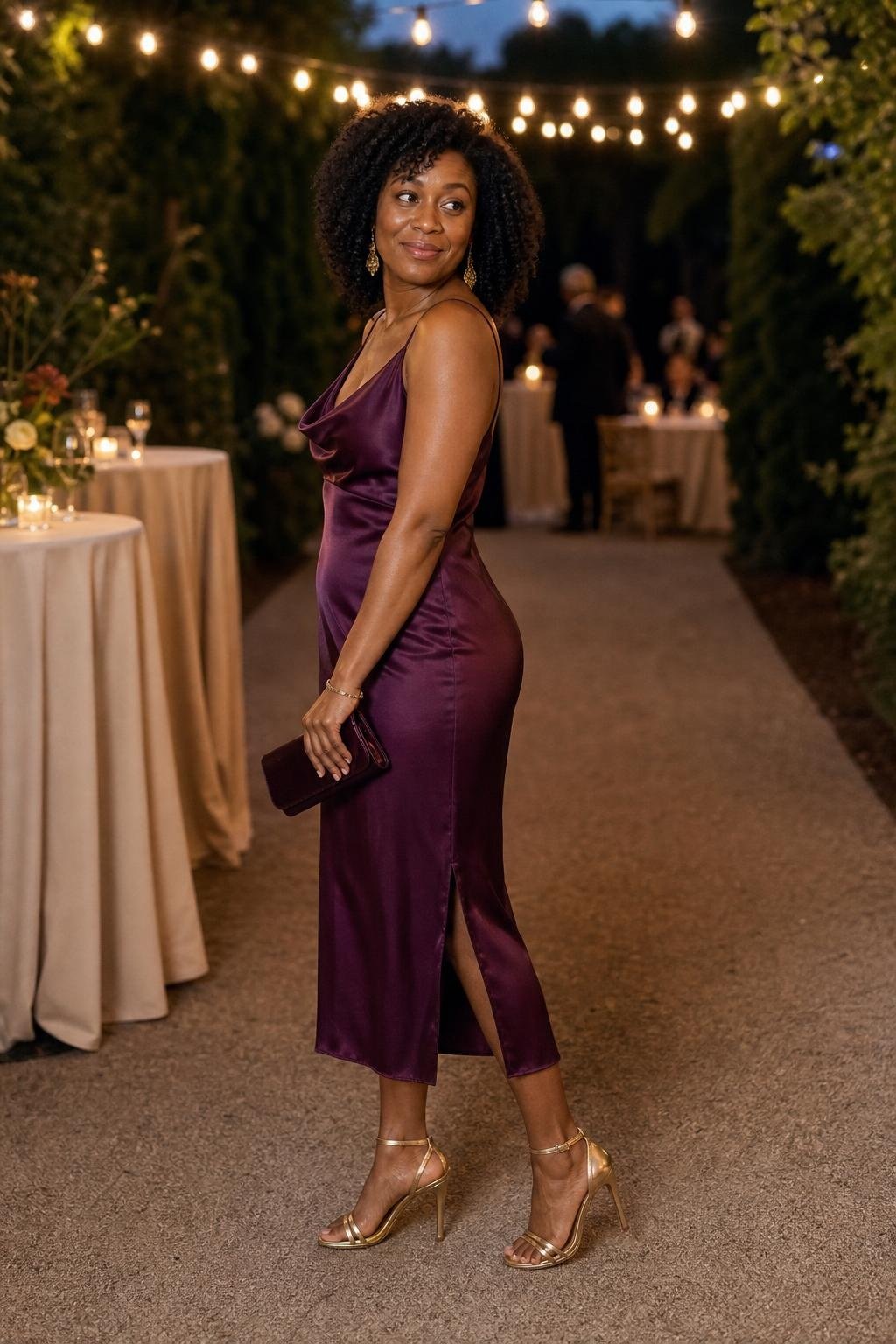 Plum cowl-neck midi dress with gold heels under evening garden string lights (option 1)