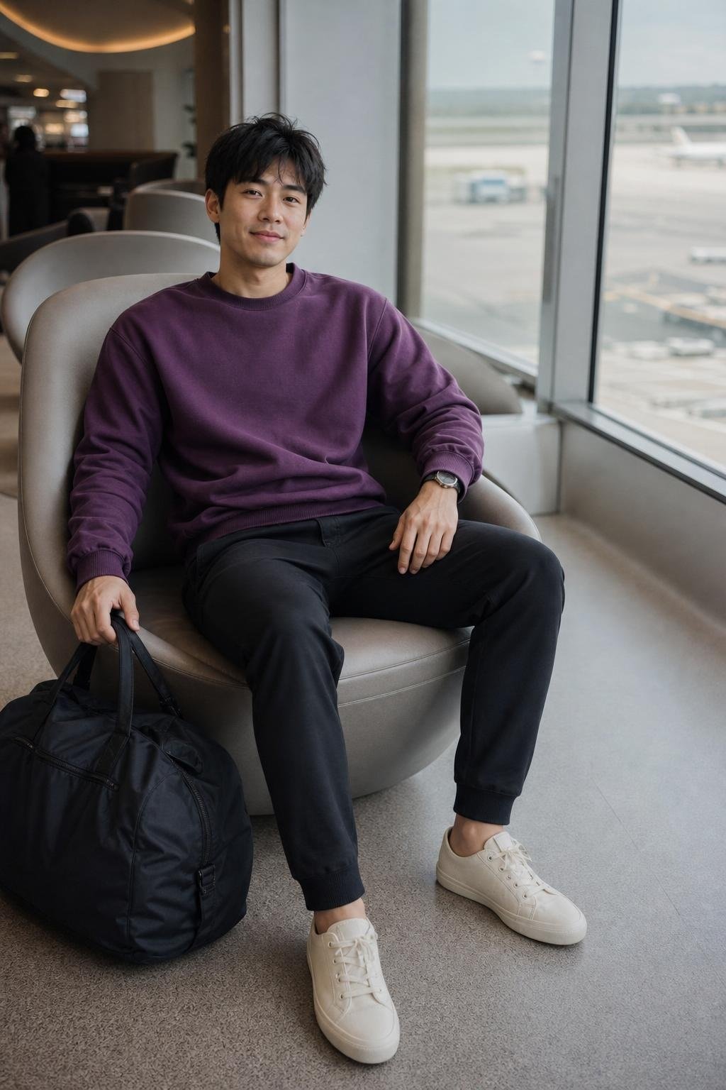 Plum crewneck sweatshirt, black tapered joggers, cream canvas sneakers, airport travel lounge scene (option 2)