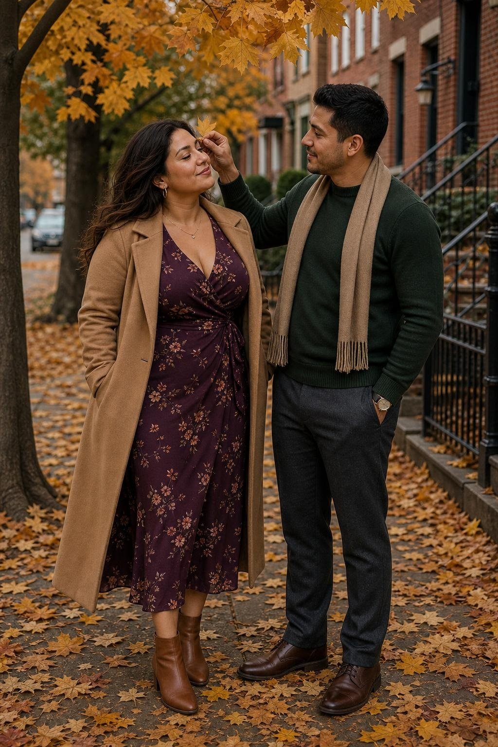 Plum floral dress with camel coat along a leaf-covered neighborhood street (option 2)