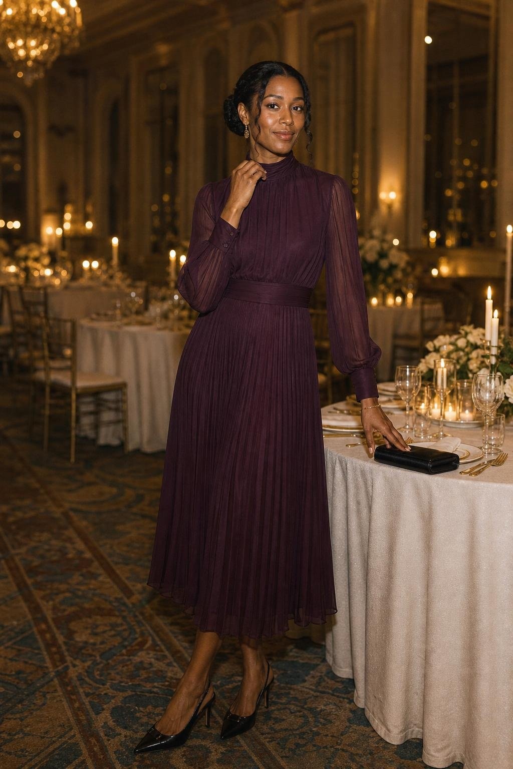 Plum high-neck pleated midi dress, black slingbacks, candlelit hotel ballroom reception (option 2)