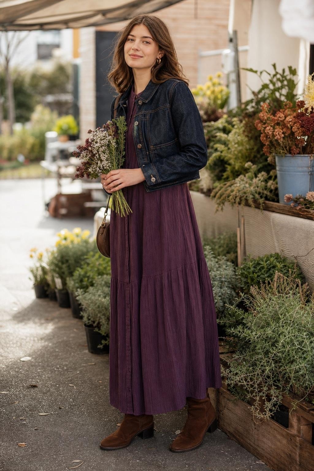 Plum long-sleeve maxi dress, cropped dark denim jacket, suede ankle boots, weekend garden market (option 1)