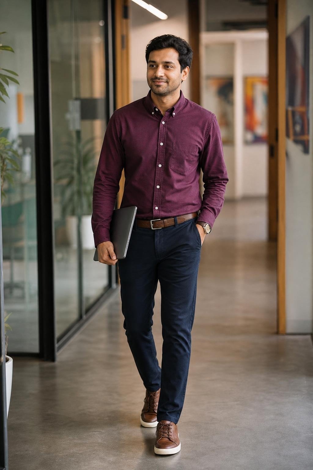 Plum oxford button-down, dark navy chinos, brown belt, leather sneakers, casual office hallway scene (option 2)