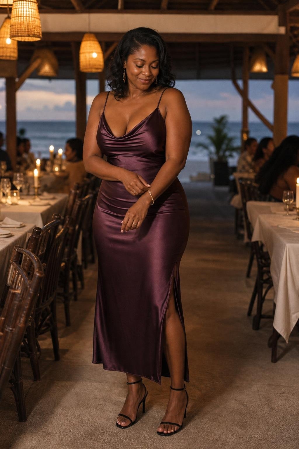 Plum satin midi dress with black strappy sandals in a candlelit beachfront dining area (option 2)
