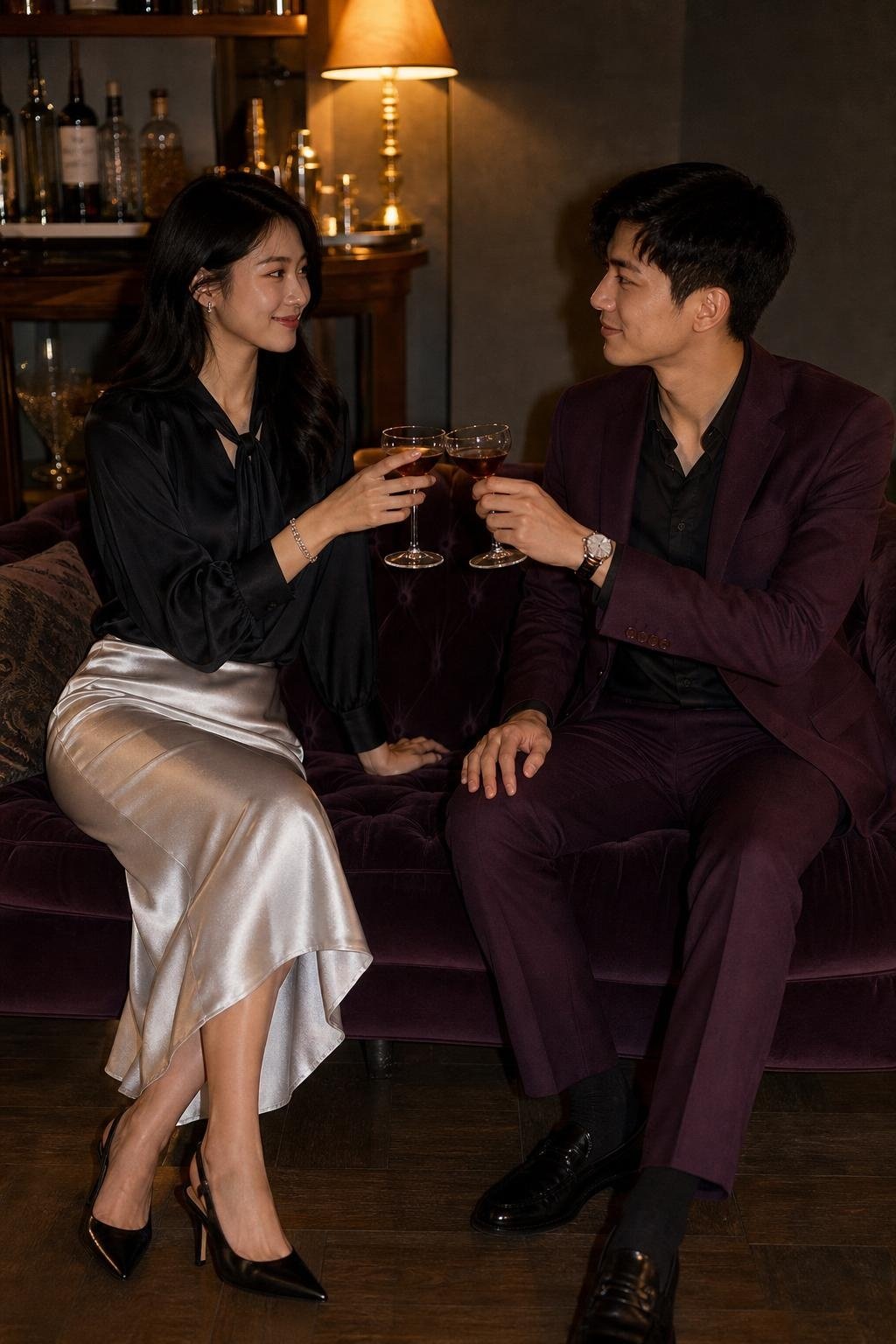 Plum tailored suit with silver satin skirt and black blouse, cocktail bar lounge mood (option 1)