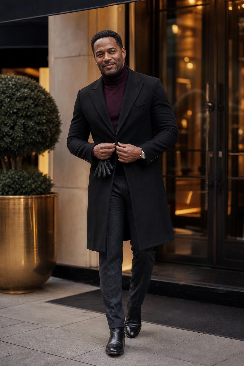 Plum turtleneck, black topcoat, dark gray trousers, leather dress boots, elegant winter dinner entrance (option 1)