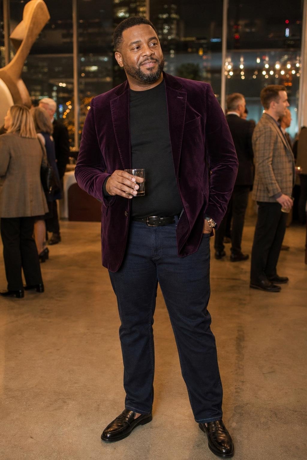 Plum velvet blazer, dark indigo jeans, black merino shirt, black loafers, stylish office holiday gathering (option 1)