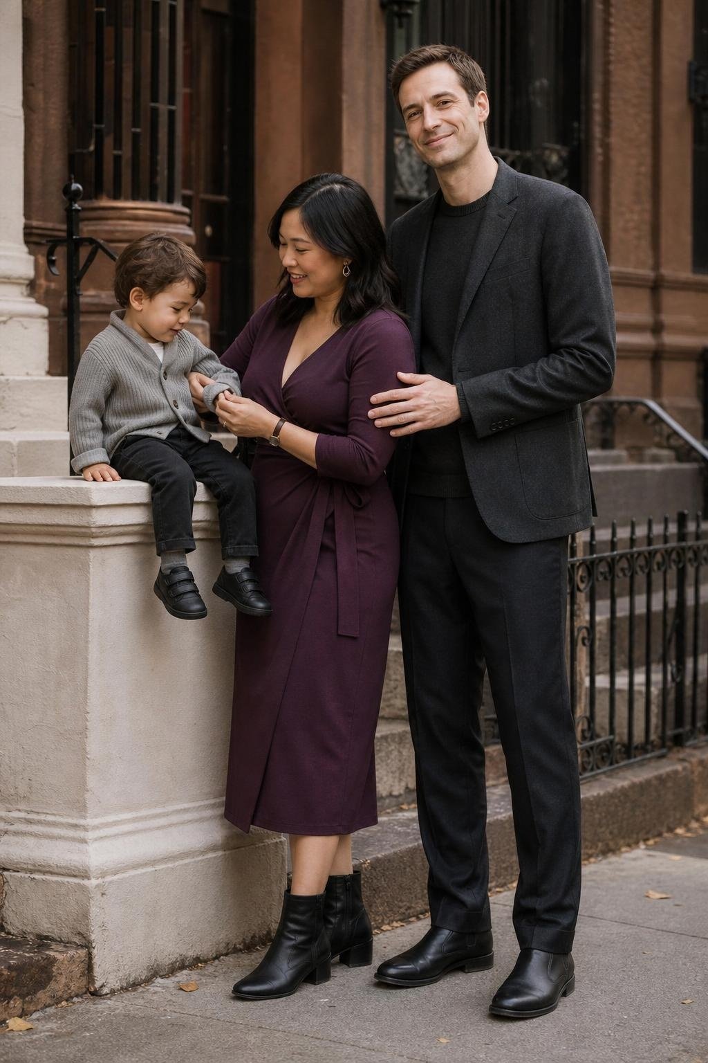 Plum wrap dress, charcoal blazer, soft gray knits, black ankle boots, city sidewalk portrait (option 2)