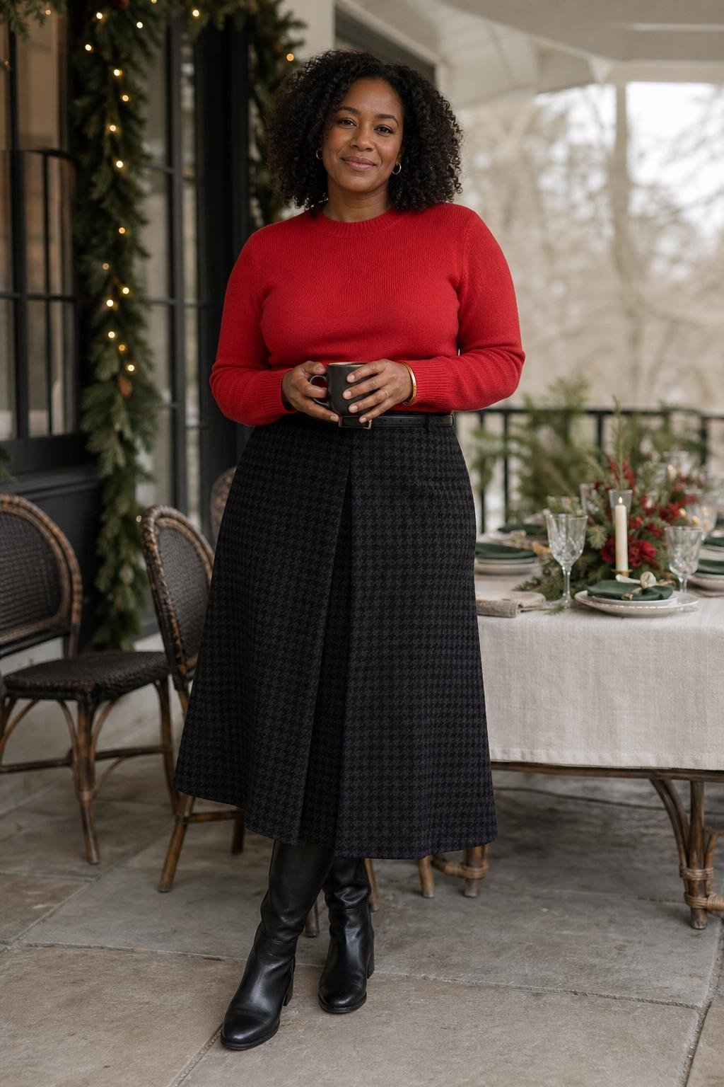 Poppy red crewneck sweater, black houndstooth midi skirt, black tall boots, holiday lunch setting (option 2)