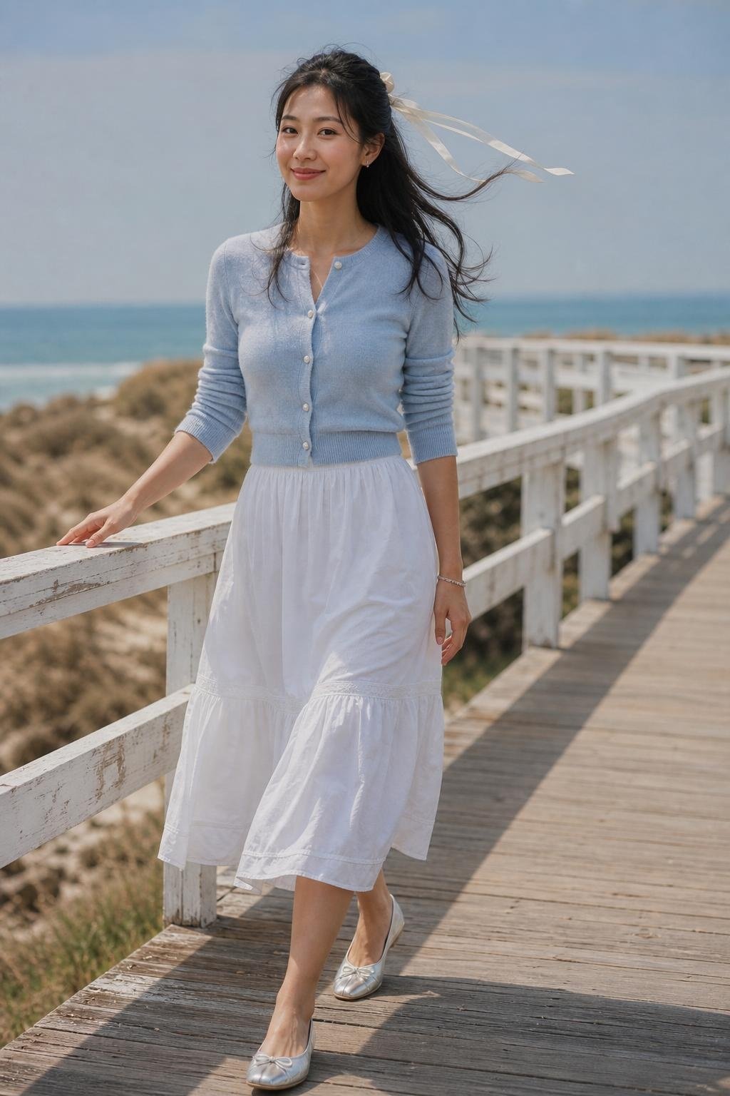 Powder blue cardigan, white cotton midi skirt, silver ballet flats, pale ribbon, breezy seaside boardwalk (option 1)