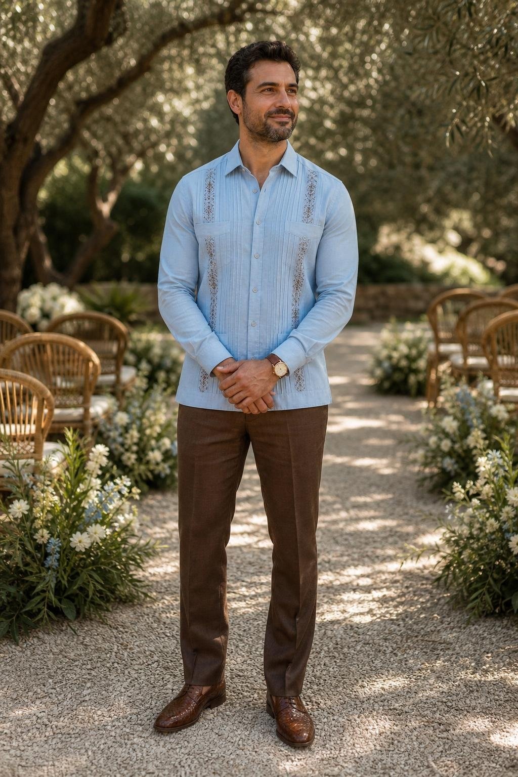 Powder blue guayabera shirt, cocoa linen pants, woven loafers, outdoor summer ceremony (option 2)