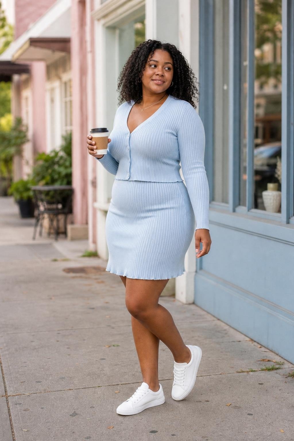 Powder blue knit cardigan and matching skirt, white sneakers, silver necklace, sidewalk coffee run (option 2)