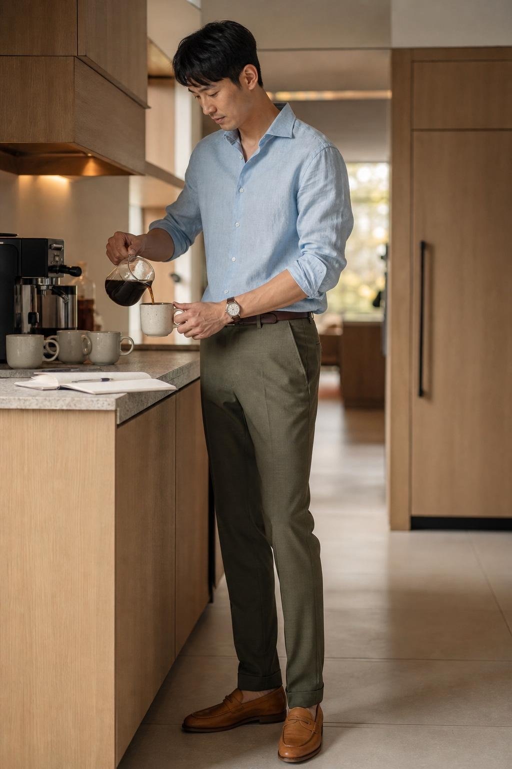Powder blue linen shirt, olive dress pants, tan leather loafers, calm morning office kitchen (option 1)