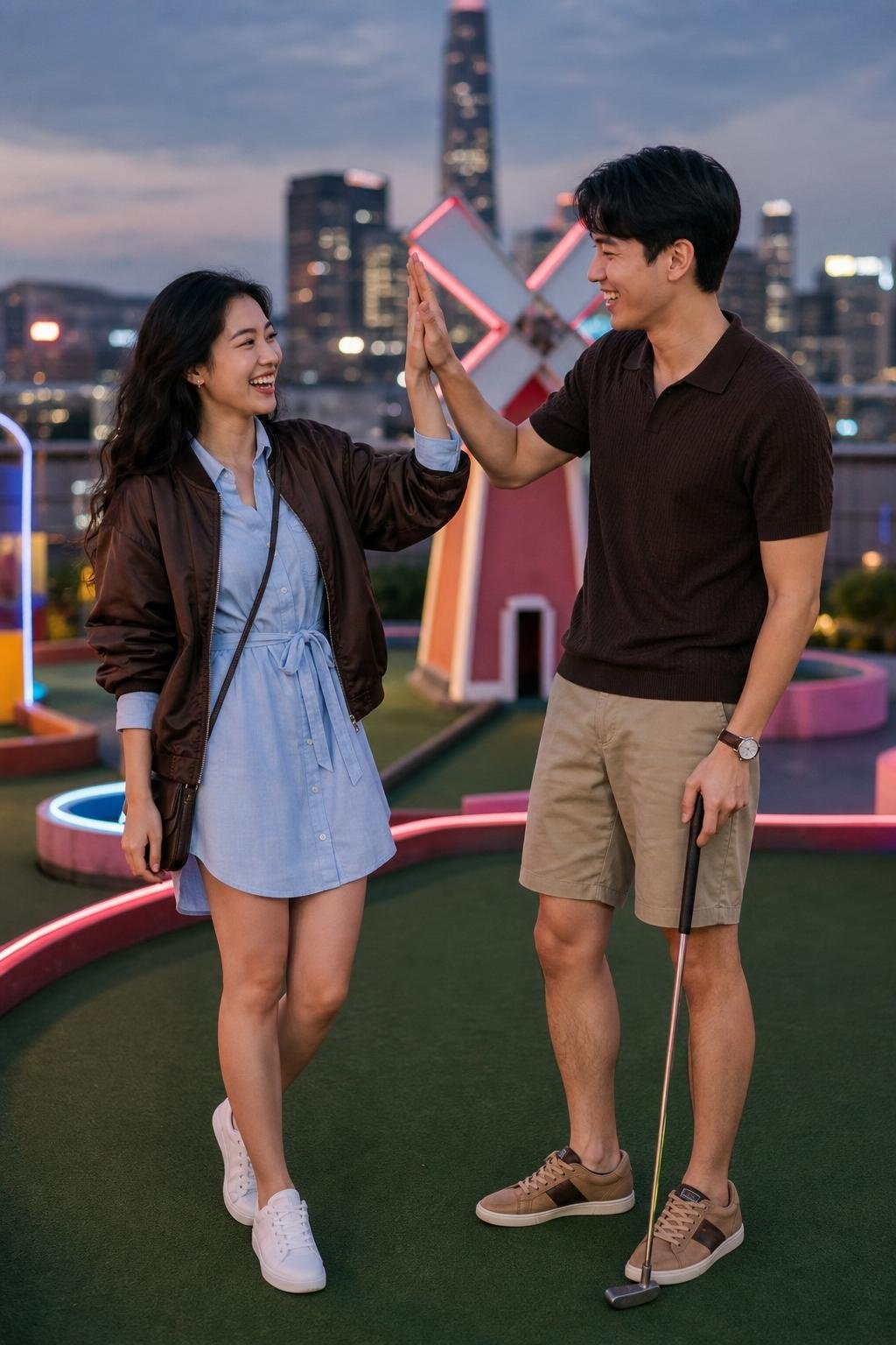 Powder blue shirt dress with chocolate bomber jacket, white sneakers, chocolate knit polo and khaki shorts, playful mini golf date (option 2)