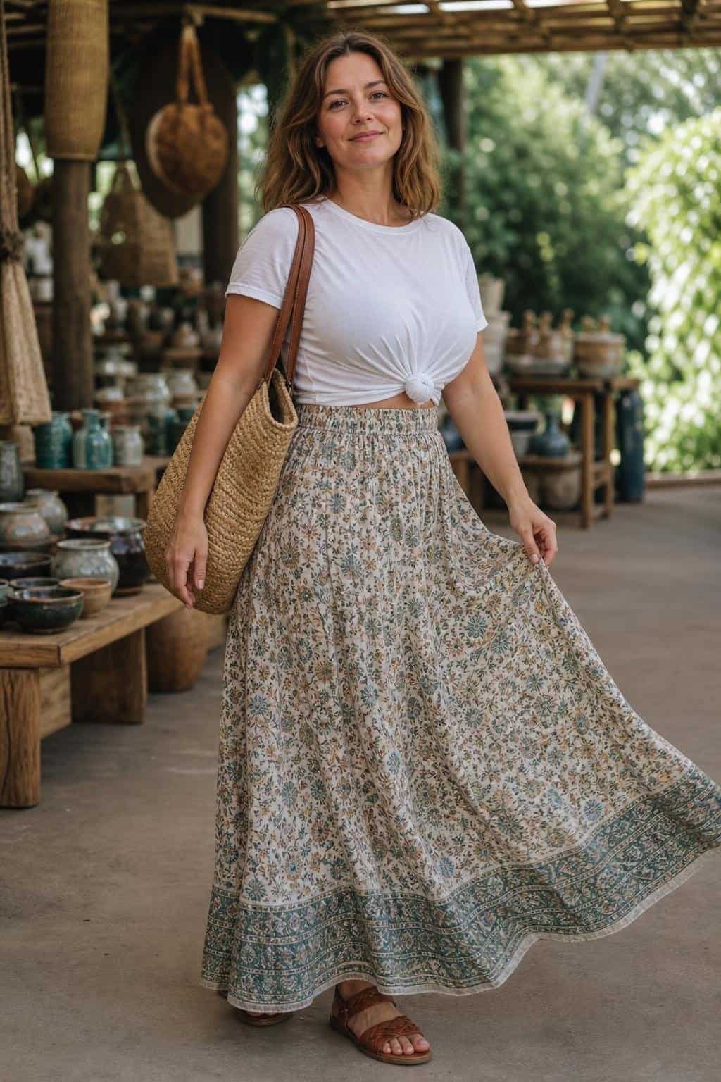 Printed breezy maxi skirt, knotted white tee, leather sandals, straw tote, summer craft market (option 1)