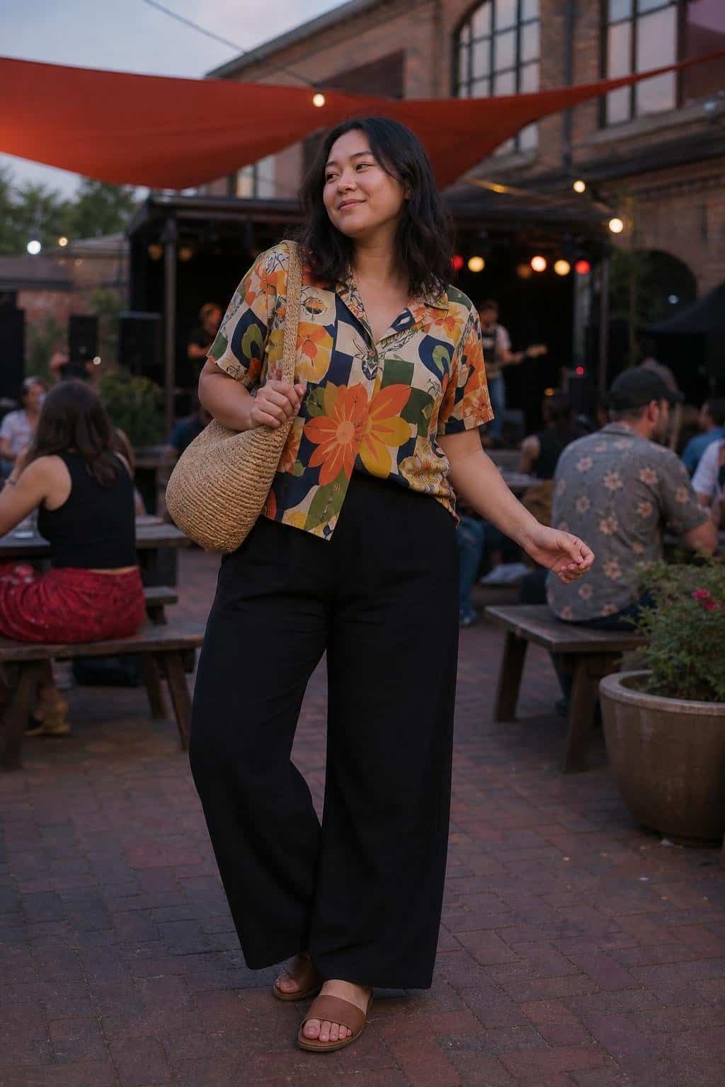 Printed camp collar shirt, black pull-on wide-leg pants, slide sandals, woven shoulder bag, casual outdoor concert (option 1)