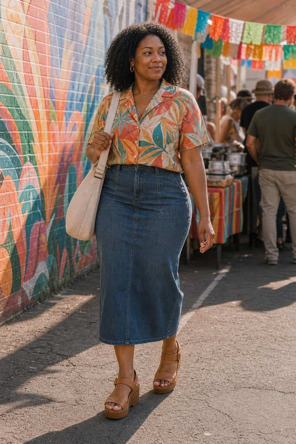 Printed camp shirt, denim midi skirt, platform sandals, canvas bag, summer street festival (option 1)