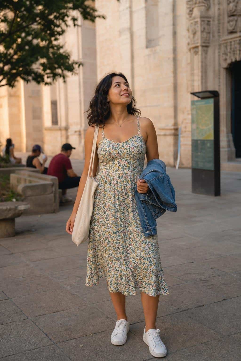 Printed cotton sundress, white low-top sneakers, denim jacket carried, canvas tote, summer sightseeing afternoon (option 1)