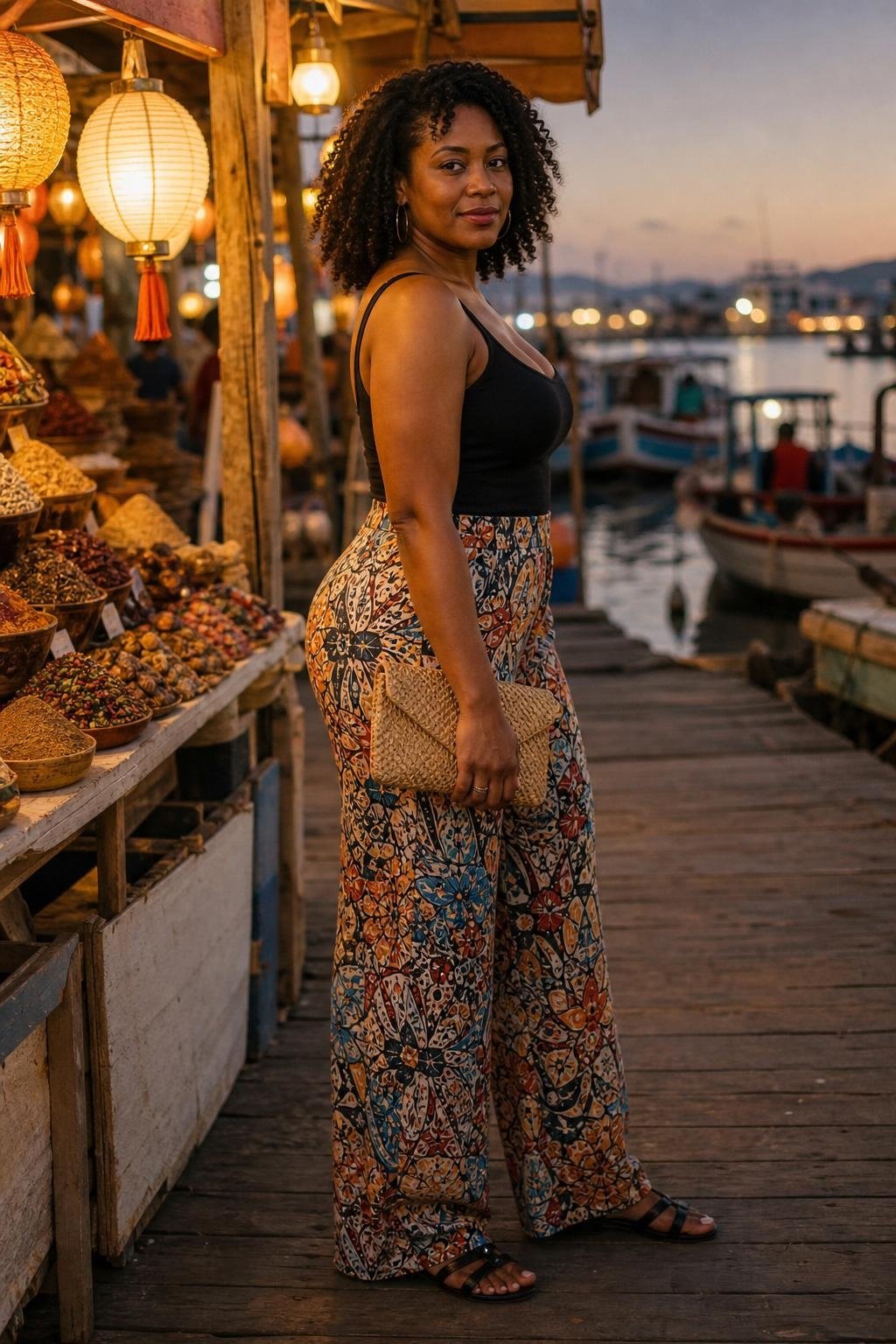 Printed wide-leg pants, black plain tank, flat sandals, woven clutch, evening street market mood (option 2)