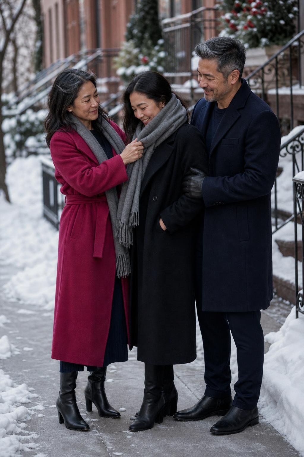 Raspberry coat, navy knit dress, gray scarf, black boots, snowy sidewalk family portrait (option 2)