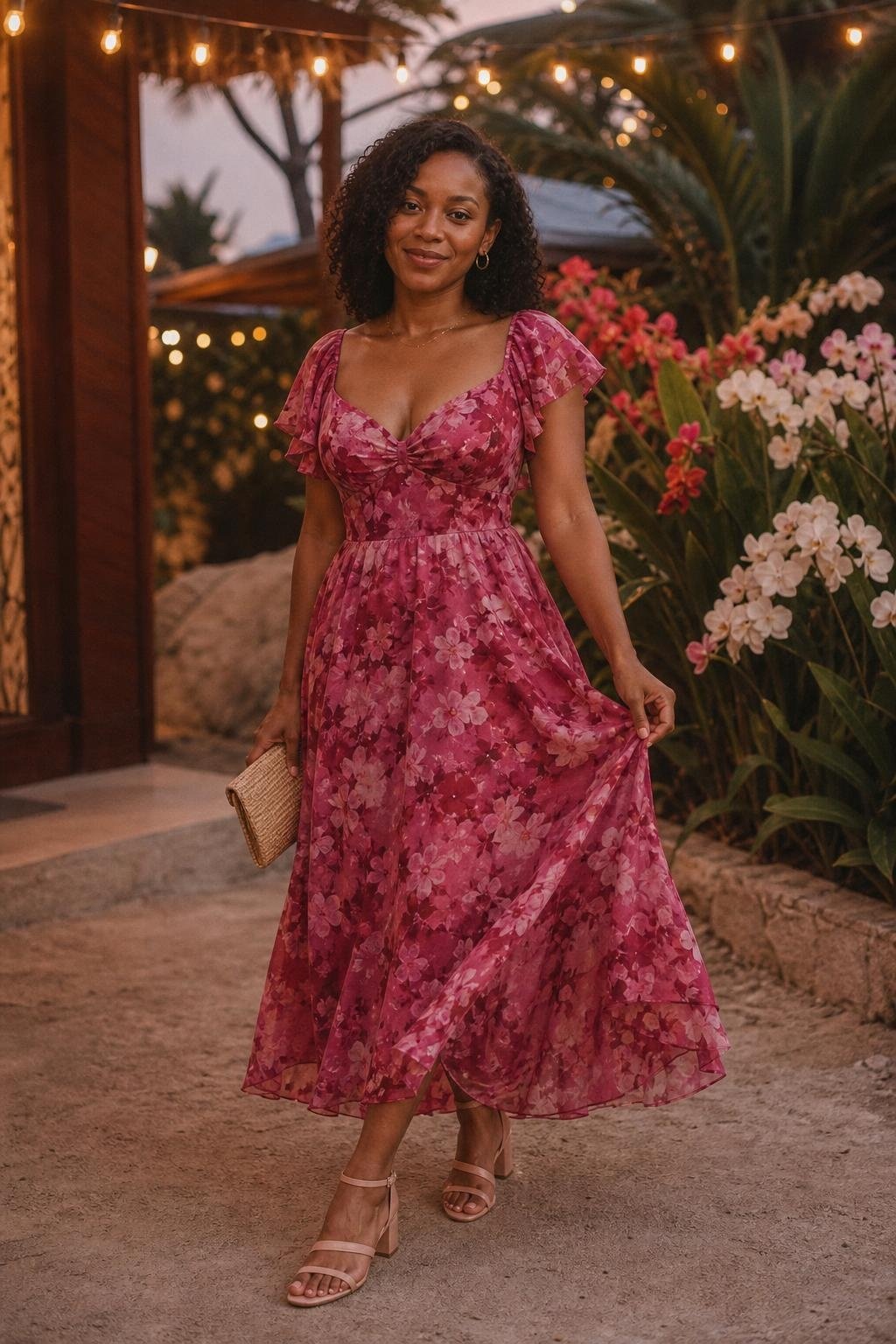 Raspberry floral midi dress with blush sandals near tropical flowers and string lights (option 2)